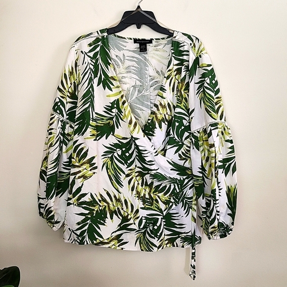Ashley Stewart Tops - Ashley Stewart tropical palm print true wrap top, long sleeve, linen summer top